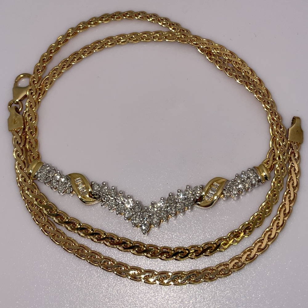 Solid Stamped 14K Yellow Gold Natural Diamond ITALY Woven Chevron Bold Necklace
